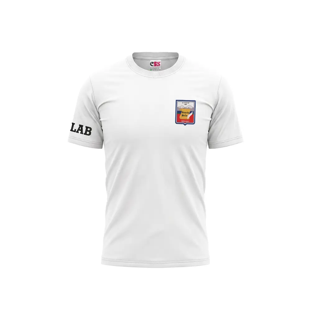 Polera deportiva oficial de educación física del Liceo Andrés Bello de Puerto Montt confeccionada por CBS Uniformes.