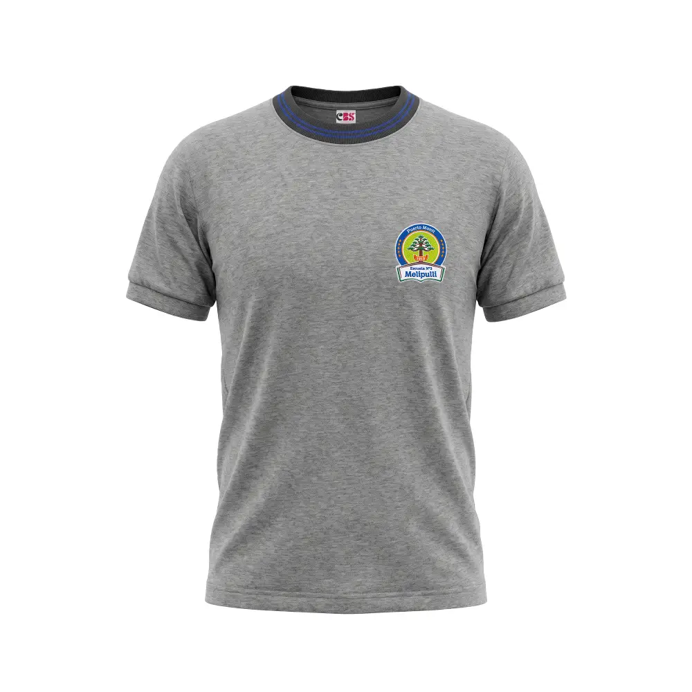 Polera deportiva oficial de color gris con el bordado institucional Escuela N°3 Melipulli de Puerto Montt