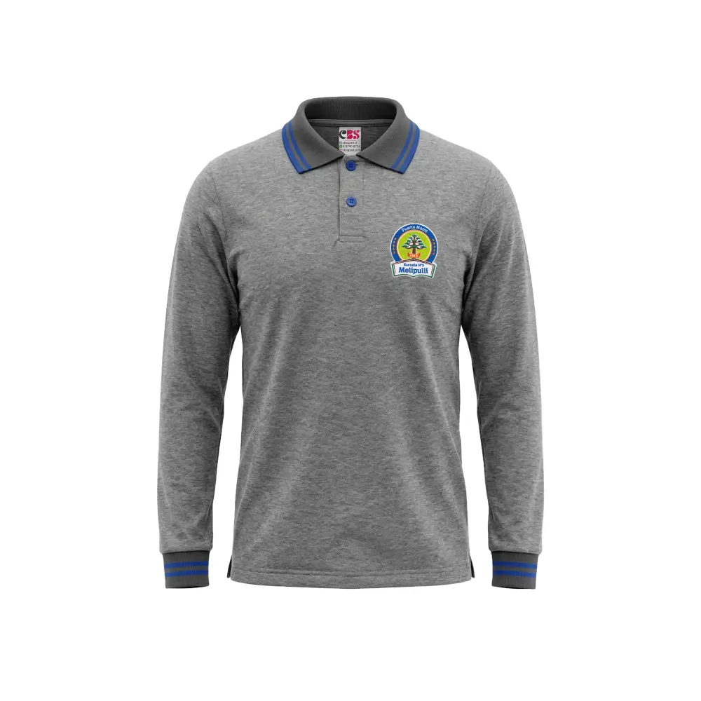 Polera piqué escolar de color gris manga larga con el bordado oficial Escuela n° 3 Melipulli de Puerto Montt.